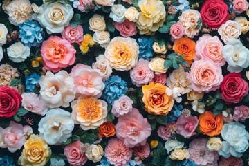 Colorful floral arrangement with various roses, carnations, and hydrangeas
