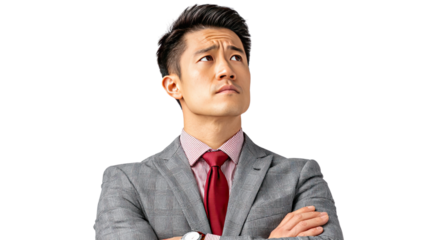 Thoughtful Contemplation: A sharply dressed man stares upwards with a contemplative expression, conveying a sense of focus and deep thought. 