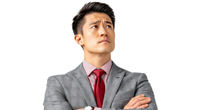 Thoughtful Contemplation: A sharply dressed man stares upwards with a contemplative expression, conveying a sense of focus and deep thought. 