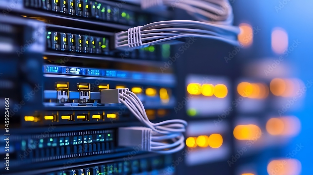 Leinwandbilder close-up view of network server rack with fiber optic cables connected, showcasing illuminated ports