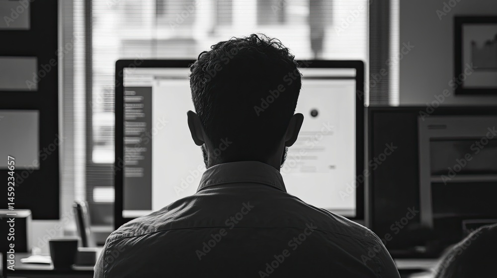 Aufkleber back view of a man facing a desktop screen, illuminated in a workspace environment