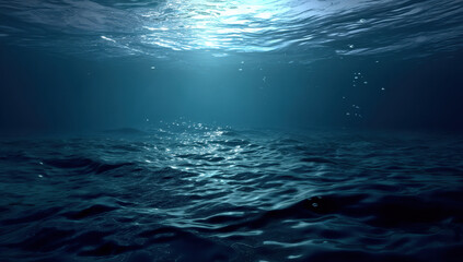 Submerged ocean scene with sunlight filtering through the surface, creating a dramatic underwater landscape with gentle waves and subtle bubbles.