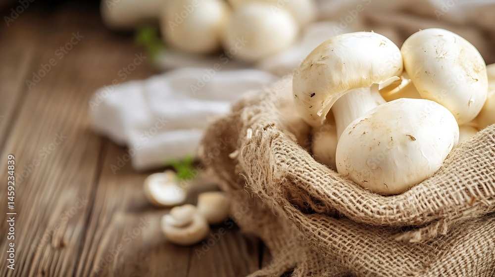 Aufkleber close-up of fresh white button mushrooms in a burlap sack, resting on a rustic wooden surface. the m