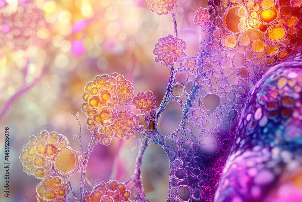 Poster abstract cells form colorful and intricate patterns with a blurred background. it represents biologi