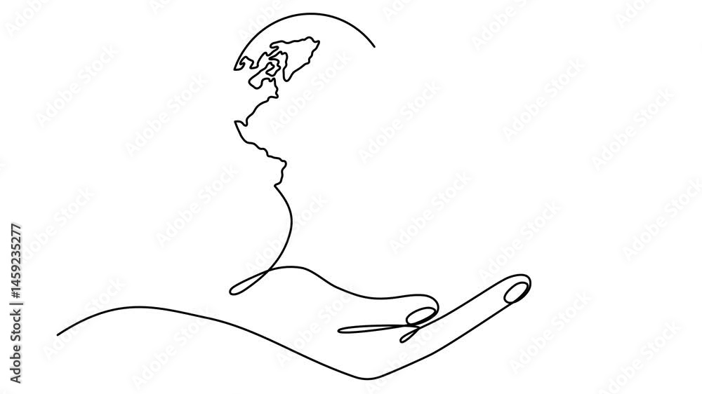 Poster hand holds earth globe in the heart shape continuous line drawing animation. love world map line art