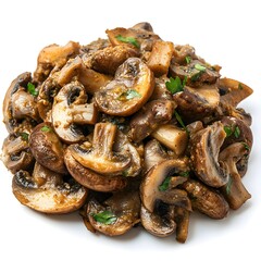 Fototapeta premium A delicious and savory pile of sauteed mushrooms seasoned with herbs and garlic is ready to eat.