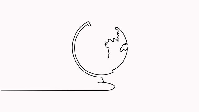 School globe continuous line drawing animation. World map linear symbol animated video.