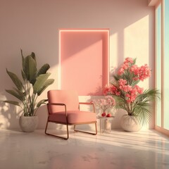 Fototapeta premium Warm Toned Studio Setup with Pink Accents and Lush Greenery