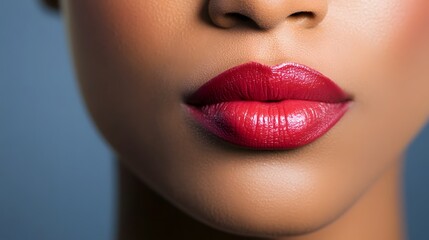 Fototapeta premium Close-up of a woman's red lips making a 'shhh' gesture