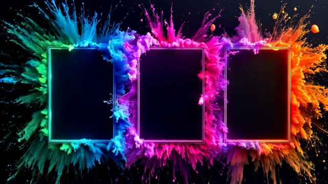 Three vibrant color explosion frames with blank space for text or images