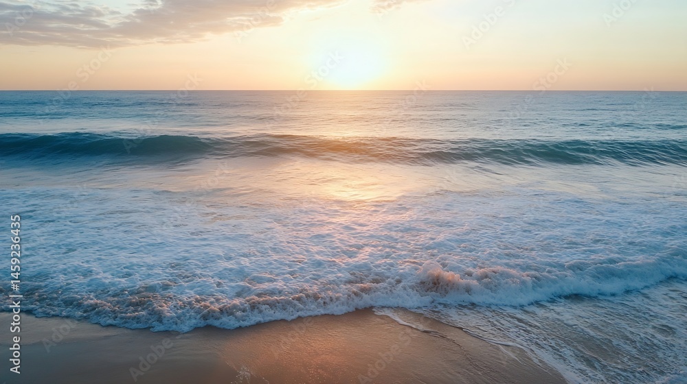 Aufkleber Serene sunset over ocean waves gently lapping a sandy shore, creating a tranquil beach scene at golden hour. : Generative AI