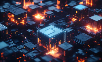 Abstract digital identity concept with glowing blue cubes and binary code on black background