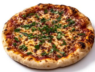 A delicious cheese pizza with basil topping freshly baked and photographed on a white background for food blogs and menus.