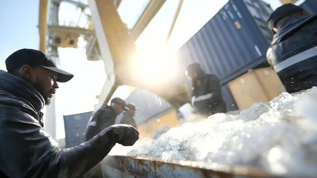 Team Loading Refrigerated Container with Perishables in Morning