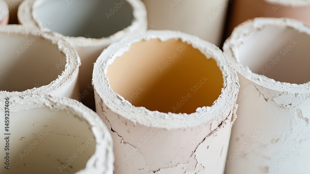 Poster close-up view of several off-white cylindrical ceramic vessels with rough, textured edges and slight