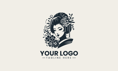 Traditional geisha portrait in black and white with floral hairstyle decoration vector logo