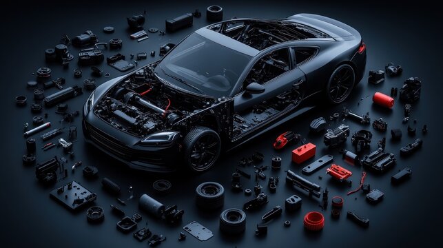 Disassembled sports car black automotive components and internal structure