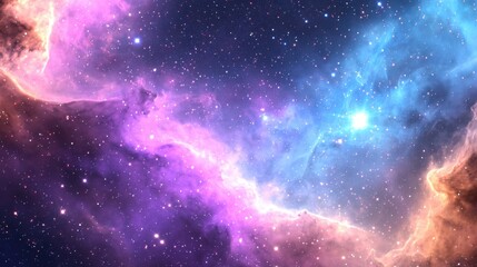 Fototapeta premium A cosmic nebula background with swirling galaxies, bright star clusters, deep purples and blues, glowing dust particles, high contrast