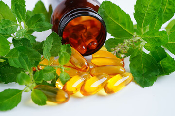 Alternative medicine herbal organic capsule with vitamin E omega 3 fish oil, mineral, drug with...