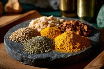Colorful Assortment of Spices on Stone Dish for Culinary Arts