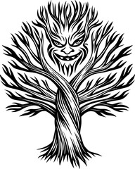 Obraz premium SVG artwork blending botanical horror with skulls and eerie flowers. Mysterious Tree Creature Design with Twisted Branches and Face