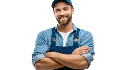 Smiling technician in overalls: A friendly technician in overalls and a cap beams, radiating competence and approachability. The portrait captures his reassuring presence.