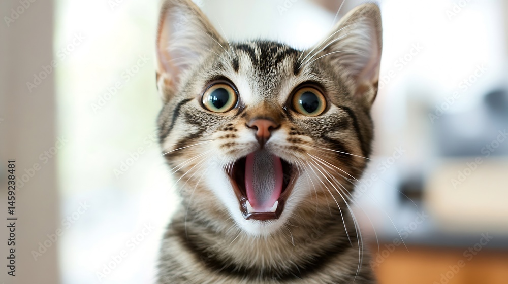 Poster a playful tabby kitten with wide, surprised eyes and an open mouth, showcasing its adorable pink ton