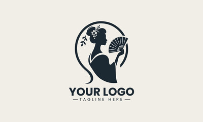 Minimalist geisha holding fan in silhouette used for logo vector design