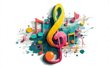 Vibrant Watercolor Composition with Musical Clef and Notes