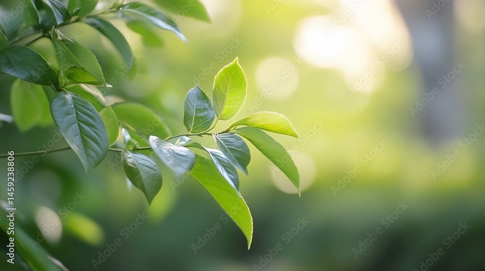 Aufkleber Close-up of vibrant green leaves on a branch, illuminated by sunlight, creating a serene and peaceful natural scene. : Generative AI