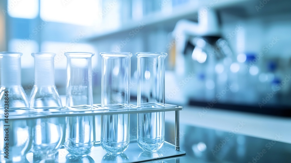Poster Close-up view of empty glass test tubes and erlenmeyer flasks in a metal rack, situated on a sleek laboratory surface.  The background subtly shows a blurred laboratory setting, sugges : Generative AI