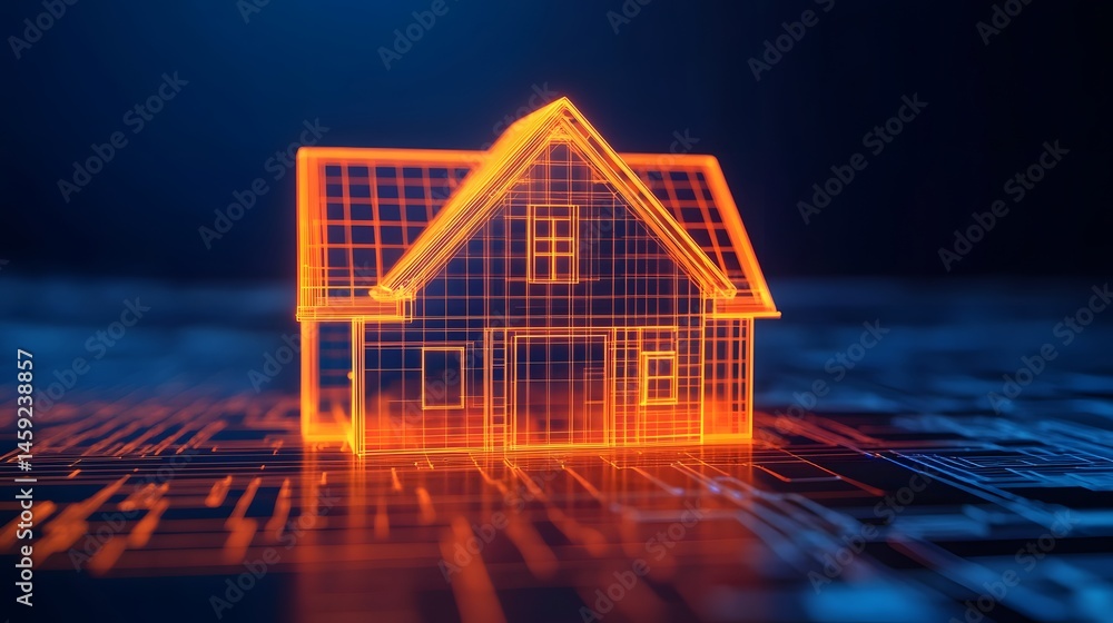 Poster futuristic smart home design with glowing wireframe architecture