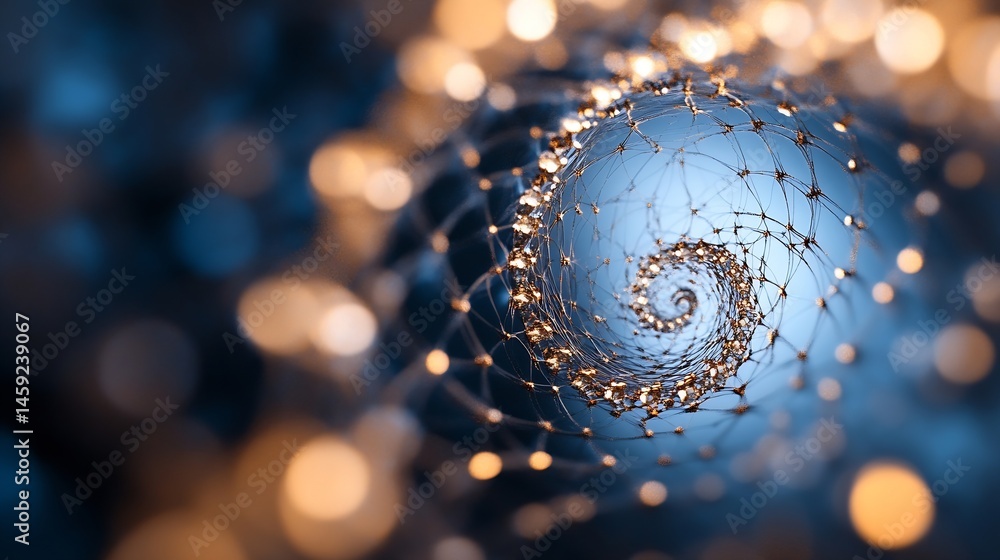 Poster abstract spiral network with golden lights and blue bokeh background, digital art, intricate design,