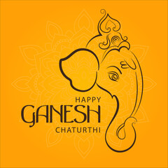 Modern Ganesh Chaturthi illustration with artistic outline of Lord Ganesha on vibrant orange background ideal for digital greetings cultural posters and festive templates
