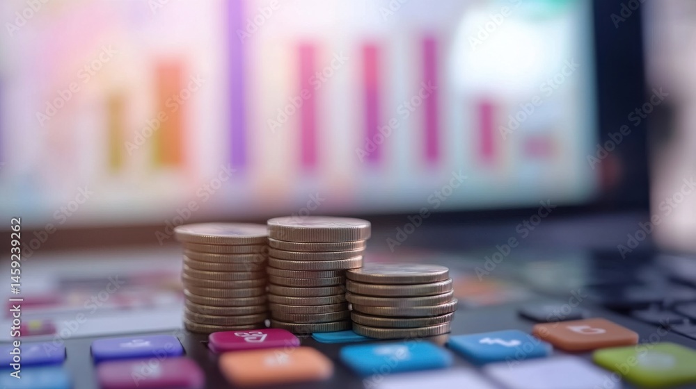 Poster financial data analysis with stacked coins on keyboard and chart background