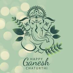 Happy Ganesh Chaturthi design with floral Lord Ganesha illustration in soft green shades and glowing light effects perfect for spiritual invitations and holiday greetings

