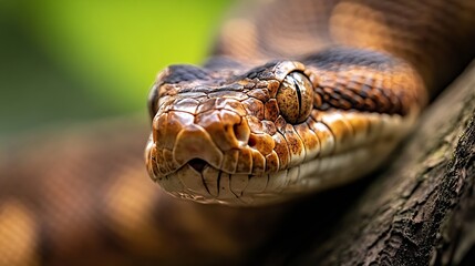 Close-up of a brown and black snake's head, its scales detailed, eye focused, resting on a dark tree branch against a blurred green background. : Generative AI