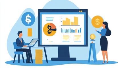 Financial analysis illustration showcasing growth and team collaboration towards success