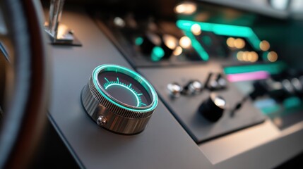 Circular control dial integrated into dark console with subtle neon feedback, sci fi interior lighting