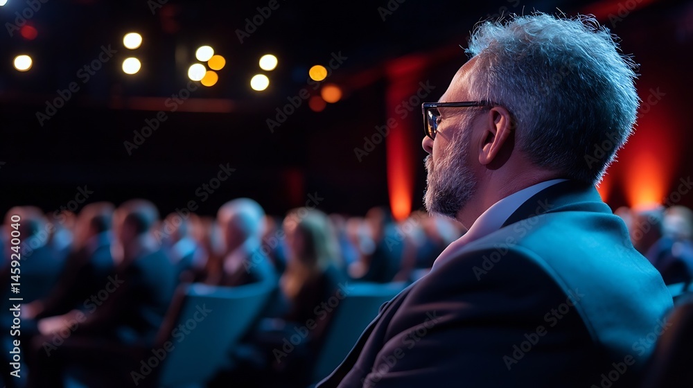Poster attentive man in suit sits amongst blurred audience at a conference, illuminated by stage lights; a 