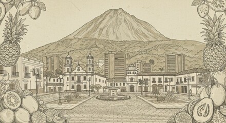 Caracas Line Art: Avila Mountain and Historic Plazas