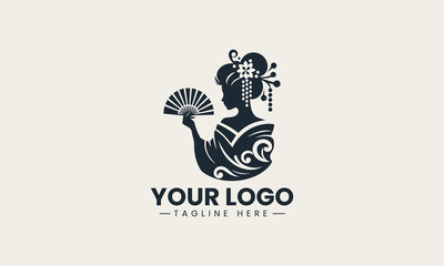Geisha figure silhouette with hand fan as elegant vector logo graphic