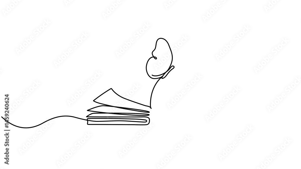 Poster flying butterfly with open book continuous one line drawn animated video. magic story concept animat