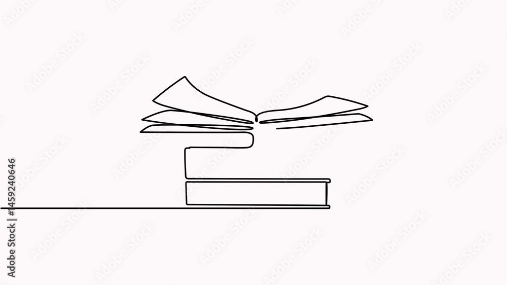 Poster open book with stack of books continuous line drawing animation. school education concept animated v