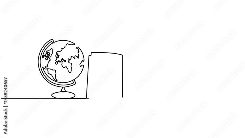 Poster stack of books with globe continuous line drawing animation. linear world map symbol video. animated