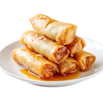 Filipino turon sweet banana spring rolls, golden fried, served on a white plate, isolated on white
