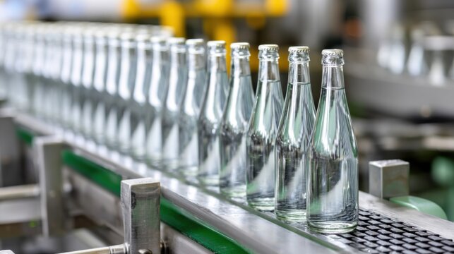 Glass bottles being washed and sterilized before filling in a beverage bottling plant, hygiene standard, drink preparation, factory routine
