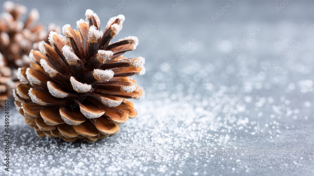 Poster a detailed view of a snow-covered pinecone resting on a soft, powdery surface. frost decorates the e