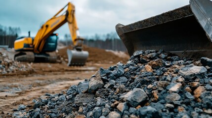 Fototapeta premium Close-up view of a pile of dark gray and brown rocks, with a blurred yellow excavator in the background, suggesting construction or excavation work at a site. : Generative AI