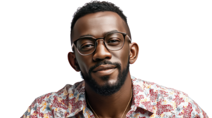 Smart Casual and Contemplation: A close-up portrait captures a thoughtful gentleman wearing stylish eyeglasses and a patterned shirt. His gaze emanates a sense of introspection and confidence.
